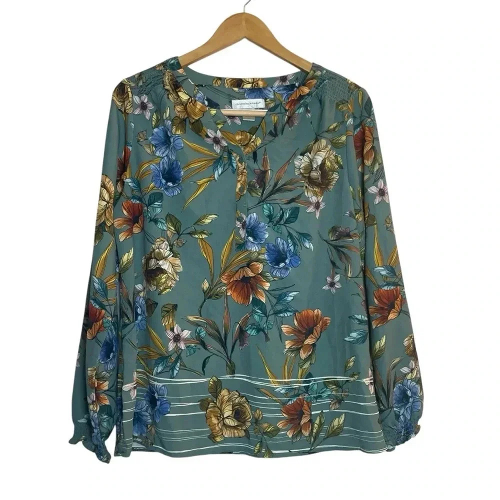 Christopher & Banks Women’s Green Floral Boho Peasant Long Sleeved Blouse Medium